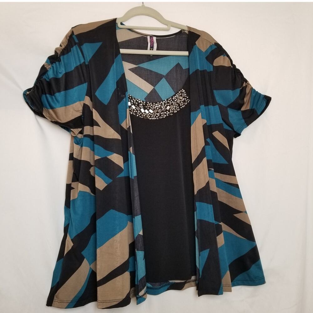 Judith Women's Multicolor Embellished Pullover Top Attached Cardigan Size 3X